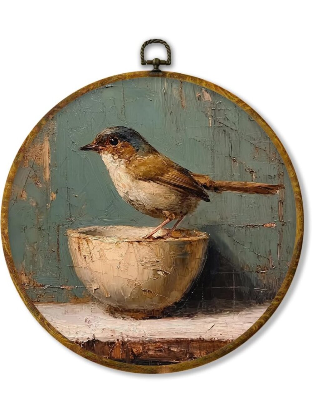 Vintage Bird Round Wall Art Decor - Antique Framed Canvas Print, Rustic